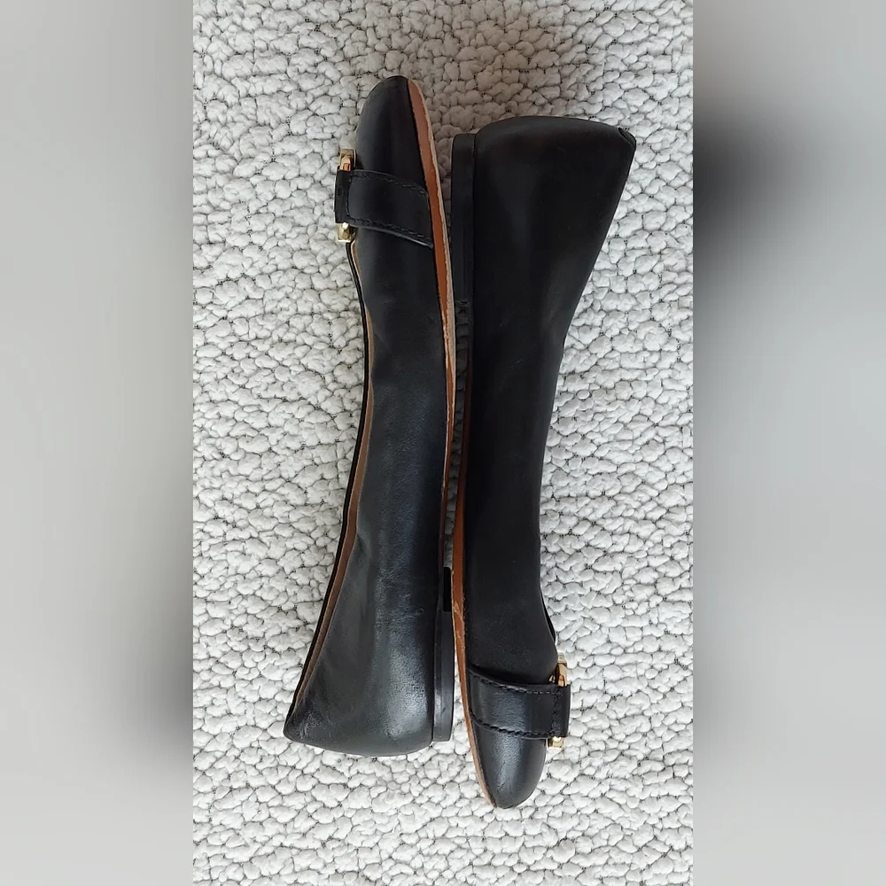 Tory Burch Black Leather Ballet Flats with Gold Logo Accent